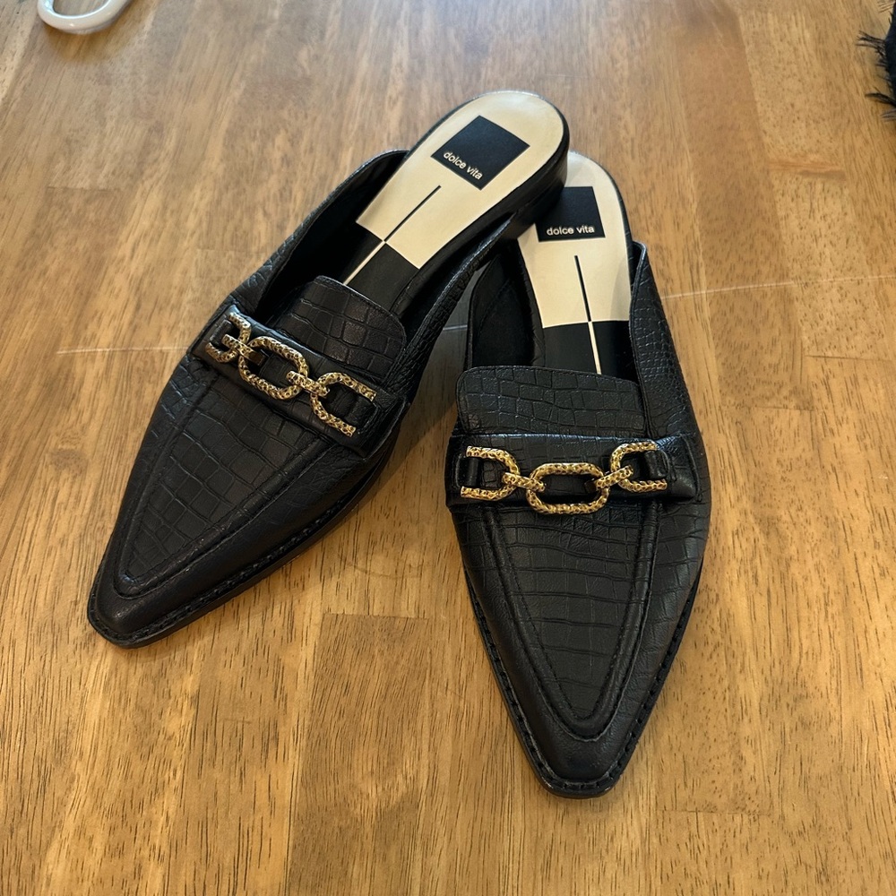 Dolce Vita Black Textured Loafers with Gold Accent